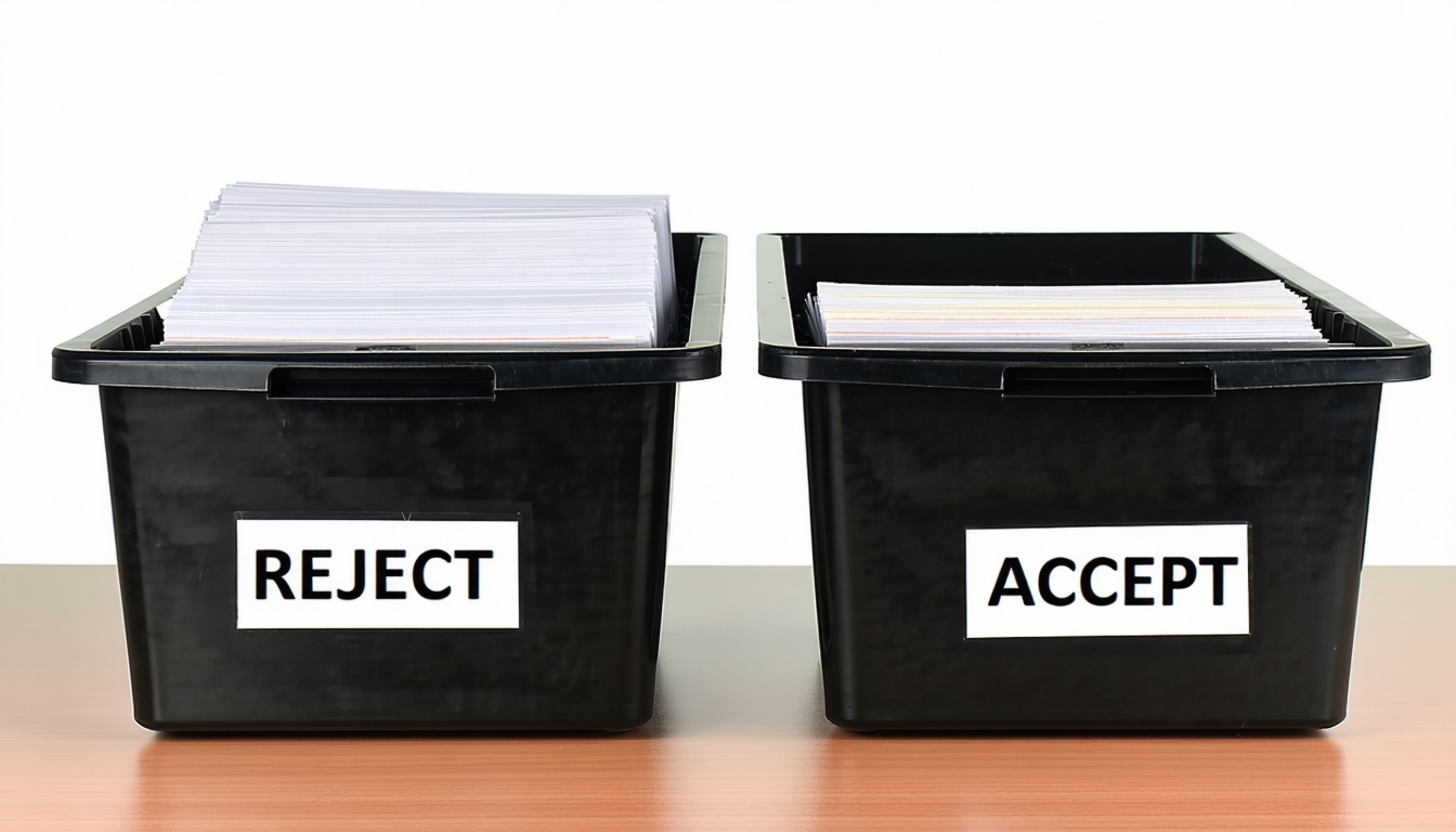 Plateaux de classement sur la table L'un d'eux est marqué comme REJECT et l'autre comme ACCEPT-1