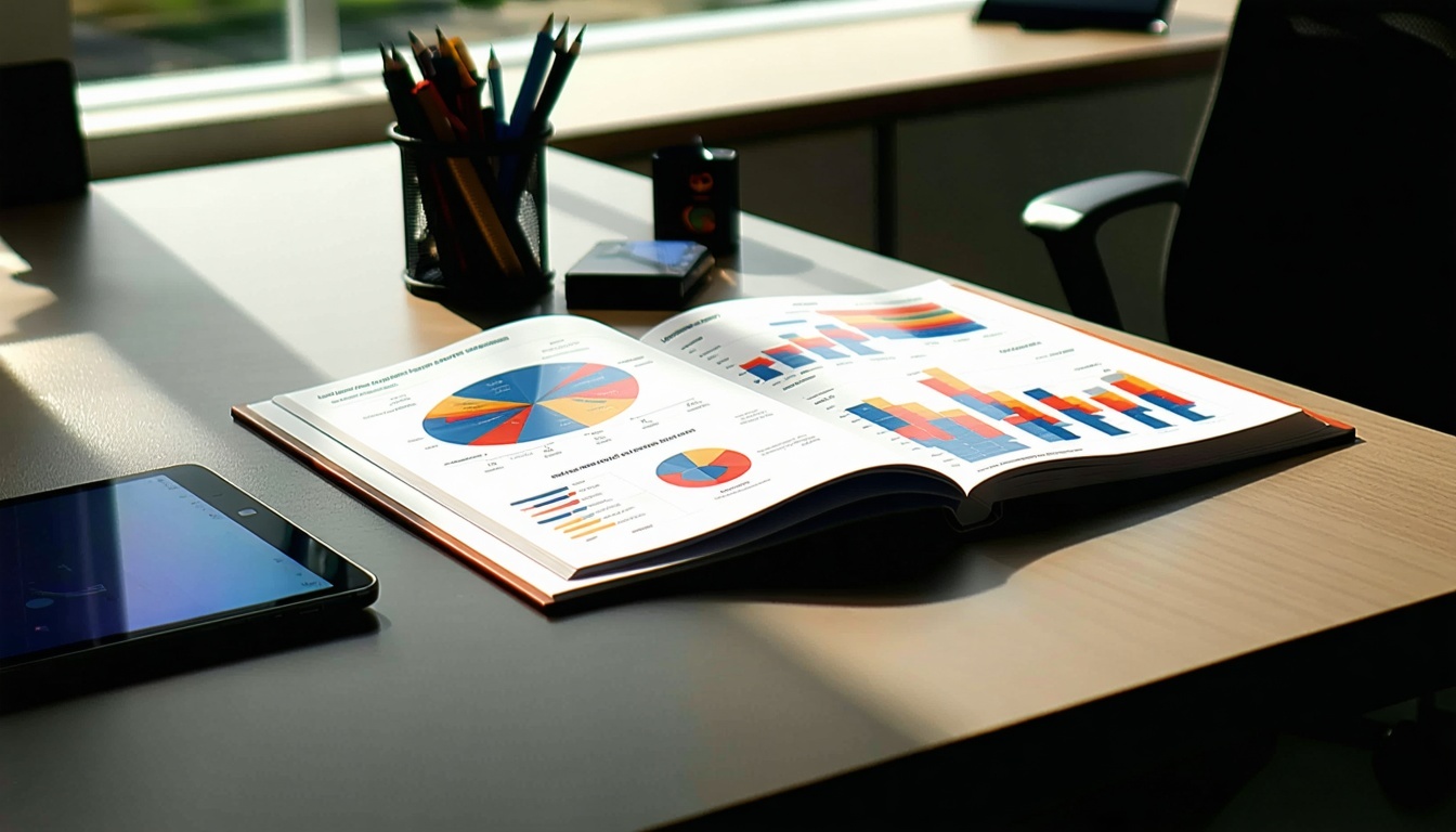 Le bureau contemporain aux lignes épurées présente une surface lisse et polie, éclairée par la lumière naturelle qui pénètre par une fenêtre voisine. Sur le bureau, un rapport de marketing relié est posé bien en évidence, sa couverture professionnelle présentant un design vibrant et des caractères gras-2.