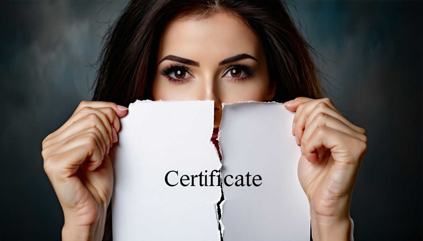 Les mains de la femme, délicates mais déterminées, agrippent les bords d'une feuille de papier impeccable, d'apparence officielle, sur laquelle figure le mot 